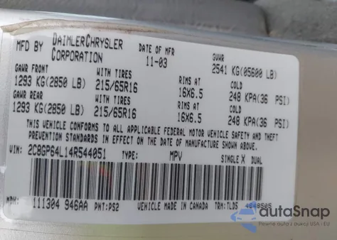 2004 Chrysler Town & Country Limited из США, поврежденный, VIN 2C8GP64L14R544051